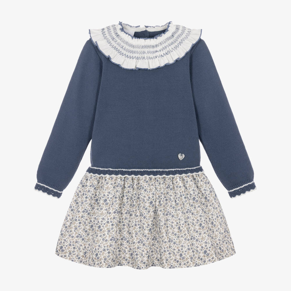 Artesanía Granlei-Girls Blue Floral Print Dress with Knitted Bodice | Childrensalon