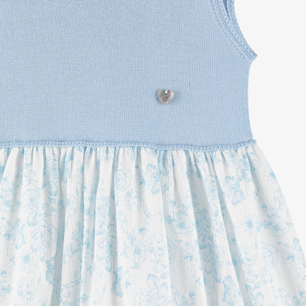Artesanía Granlei-Girls Blue Knitted & Floral Patterned Dress | Childrensalon