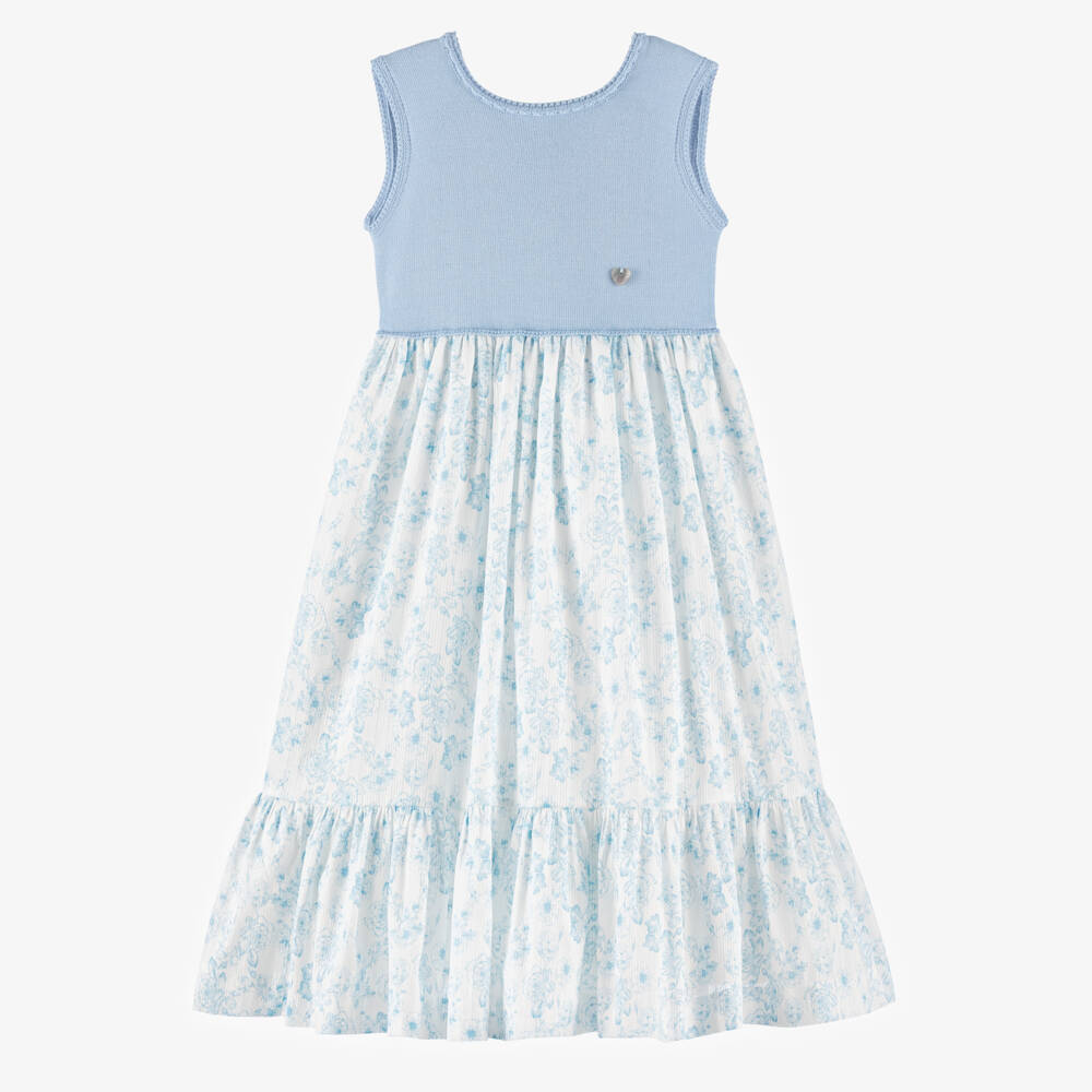 Artesanía Granlei-Girls Blue Knitted & Floral Patterned Dress | Childrensalon