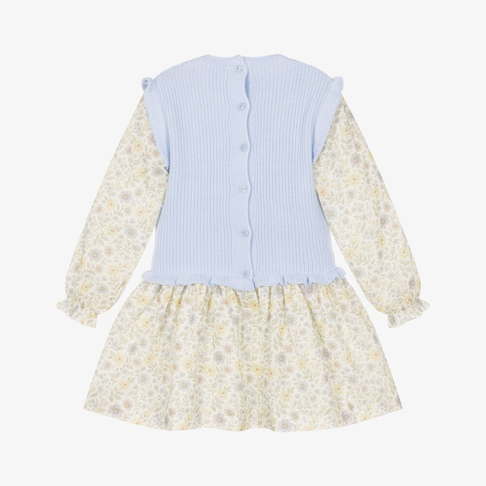 Artesanía Granlei-Girls Blue & Yellow Cotton Dress with Knitted Bodice | Childrensalon