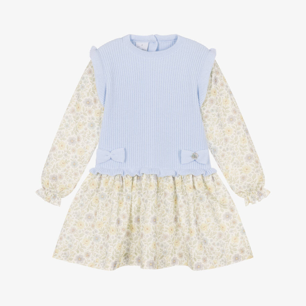 Artesanía Granlei-Girls Blue & Yellow Cotton Dress with Knitted Bodice | Childrensalon