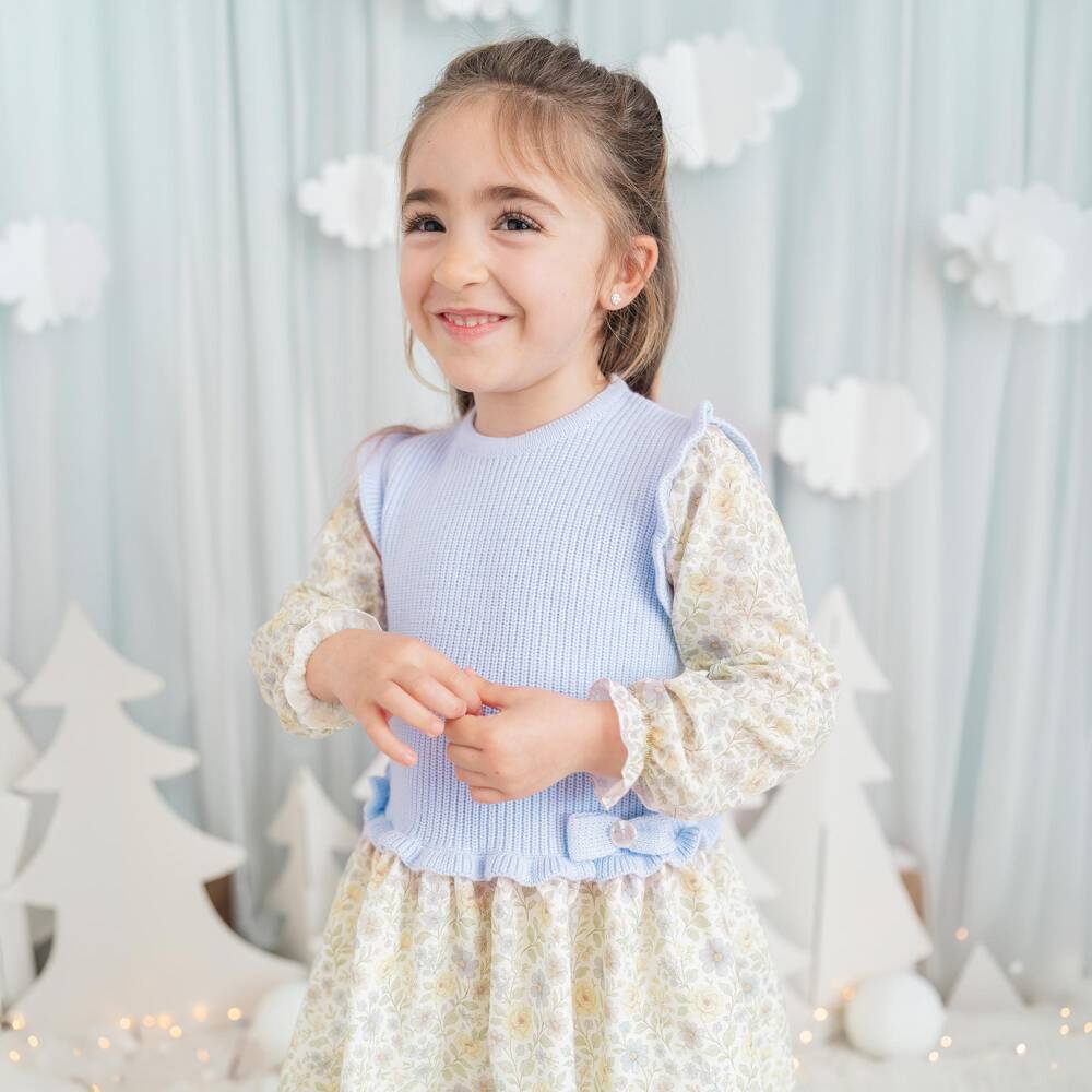 Artesanía Granlei-Girls Blue & Yellow Cotton Dress with Knitted Bodice | Childrensalon