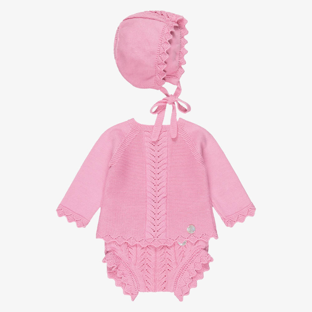 Artesanía Granlei-طقم شورت محبوك مع قبعة لون زهري فاتح للبنات | Childrensalon