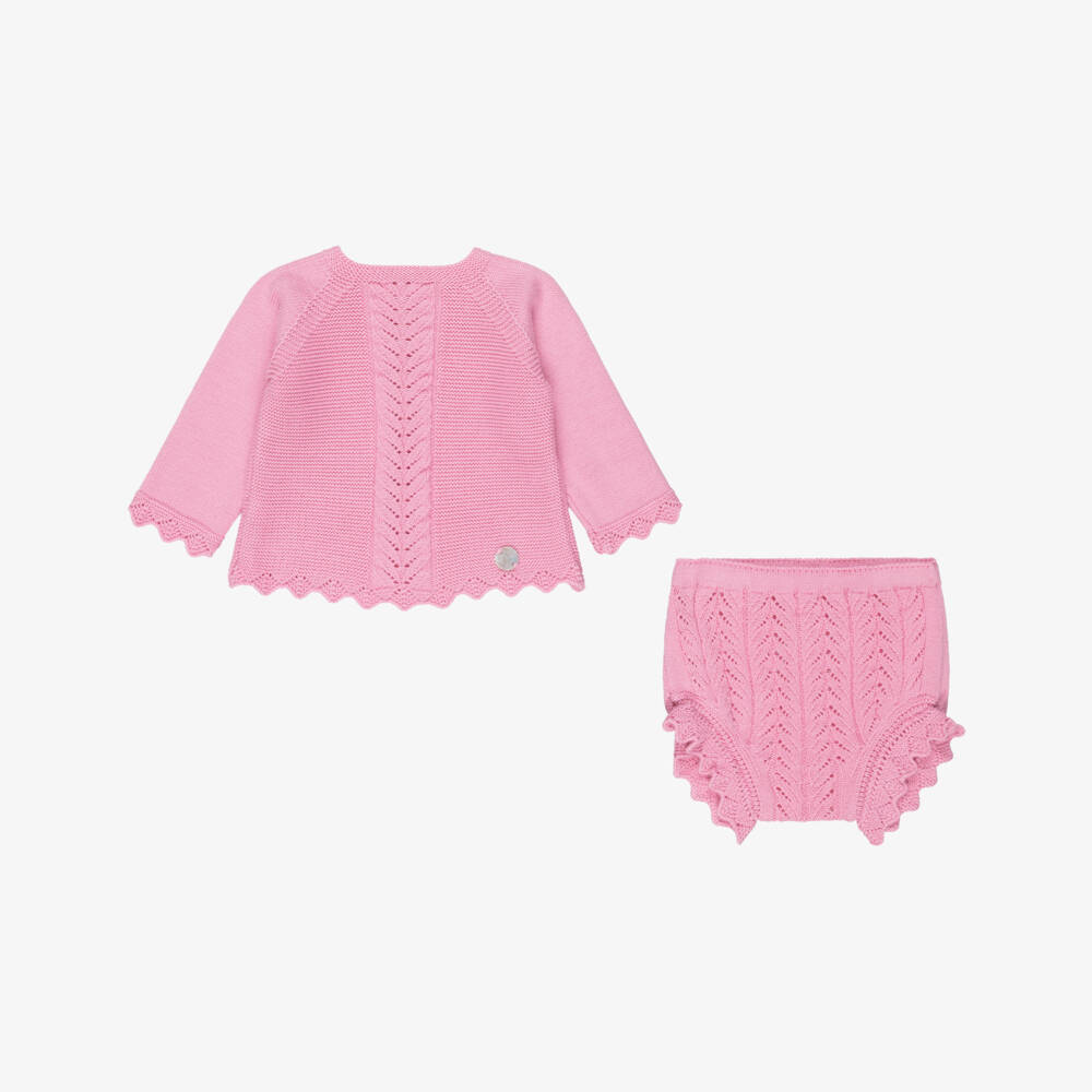 Artesanía Granlei-Girls Bright Pink Knitted Shorts Set with Bonnet | Childrensalon