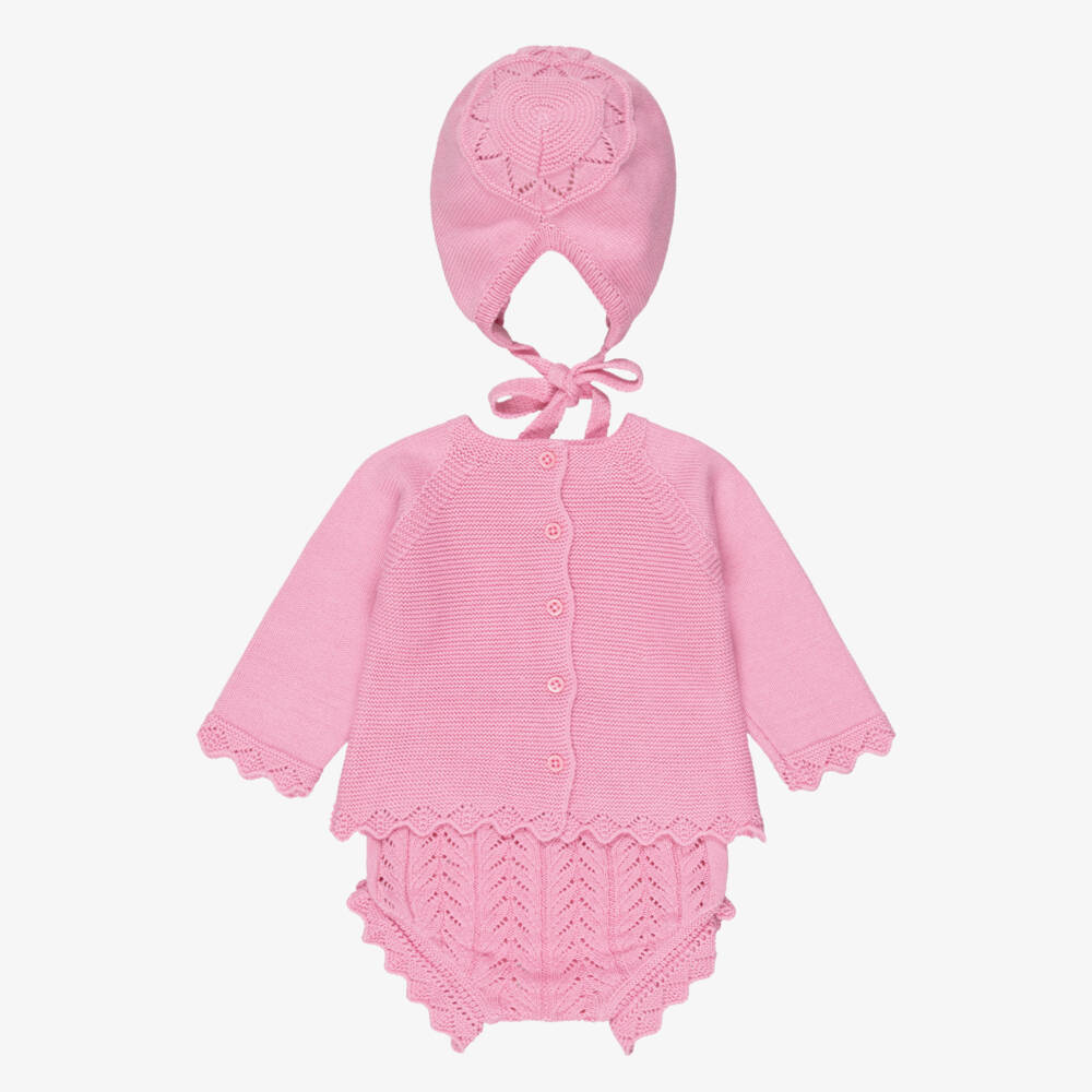 Artesanía Granlei-Girls Bright Pink Knitted Shorts Set with Bonnet | Childrensalon