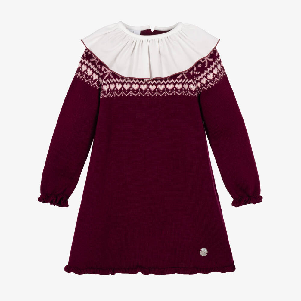 Artesanía Granlei-Girls Burgundy Red Fair Isle Knit Dress | Childrensalon