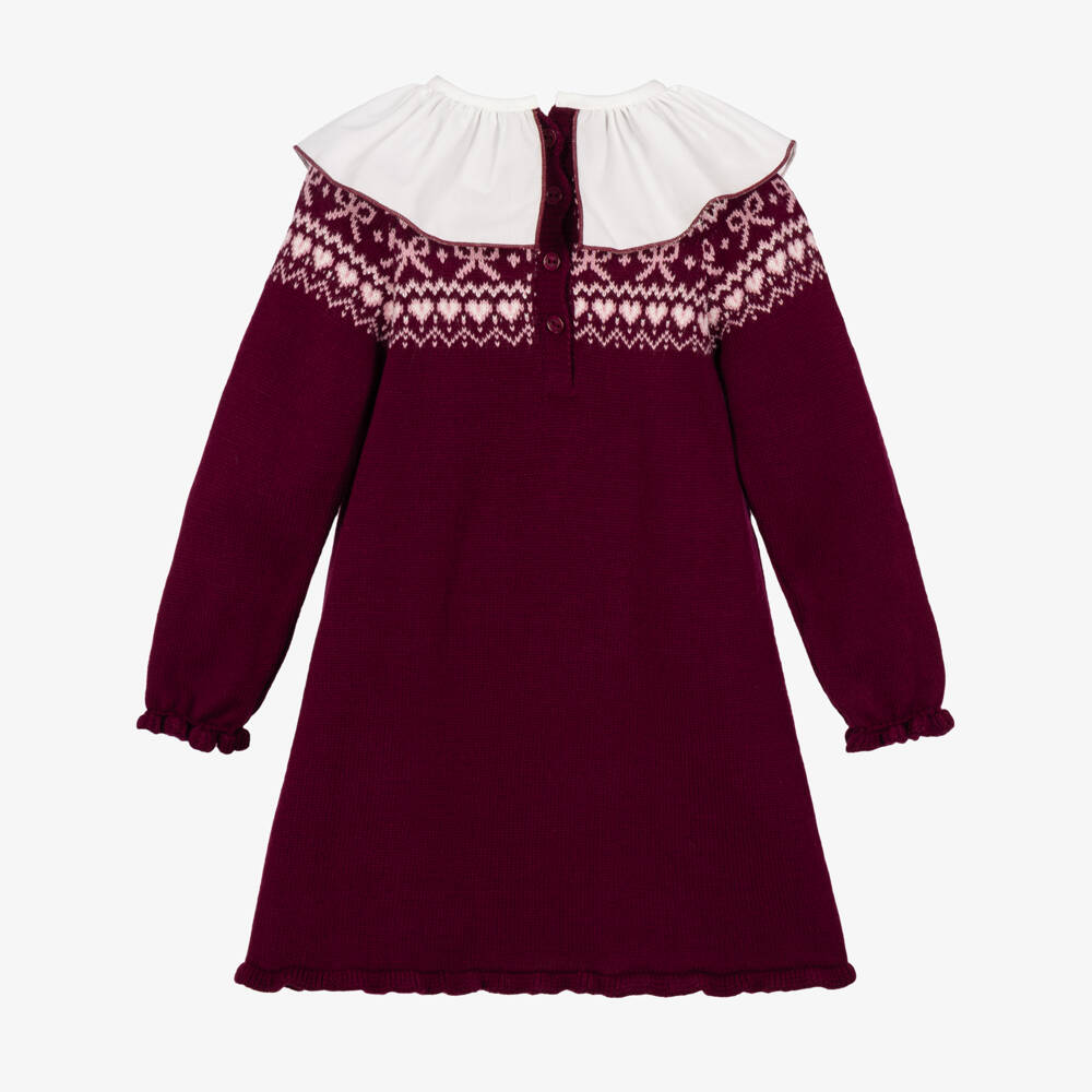 Artesanía Granlei-Girls Burgundy Red Fair Isle Knit Dress | Childrensalon
