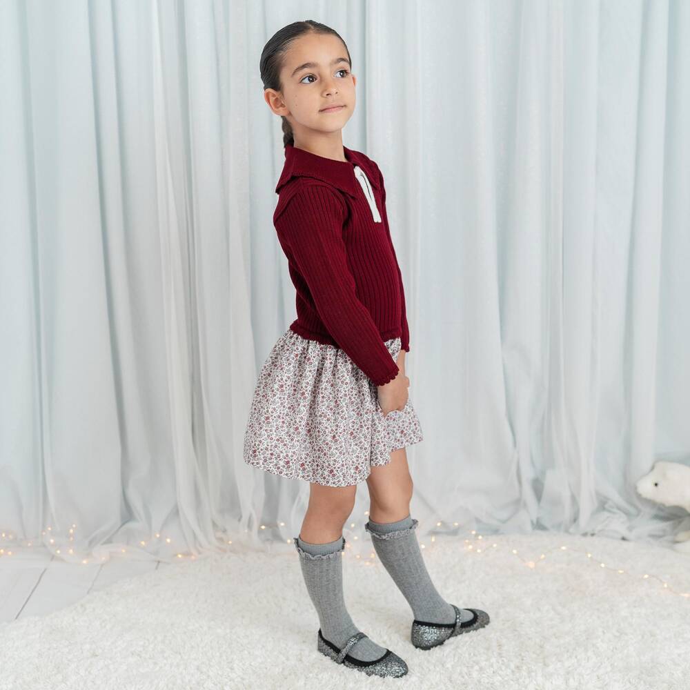 Artesanía Granlei-Girls Burgundy Red Knit & Floral Dress | Childrensalon