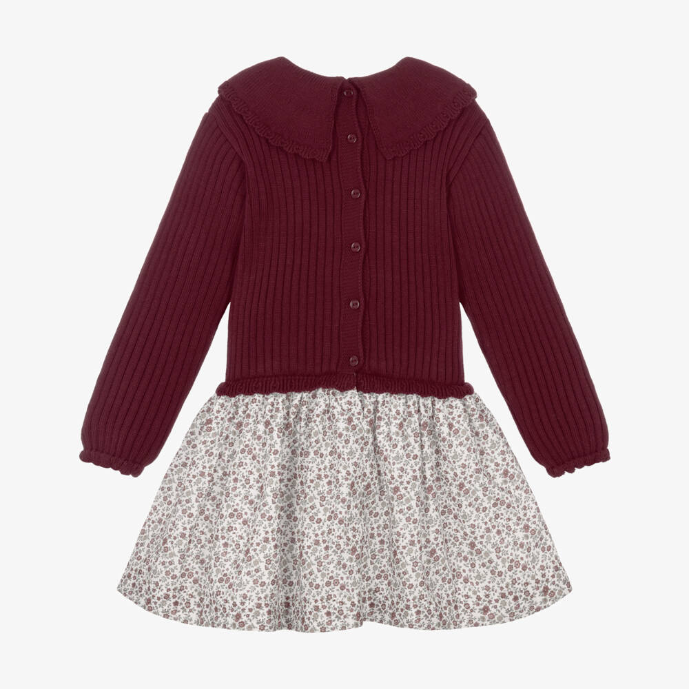 Artesanía Granlei-Girls Burgundy Red Knit & Floral Dress | Childrensalon