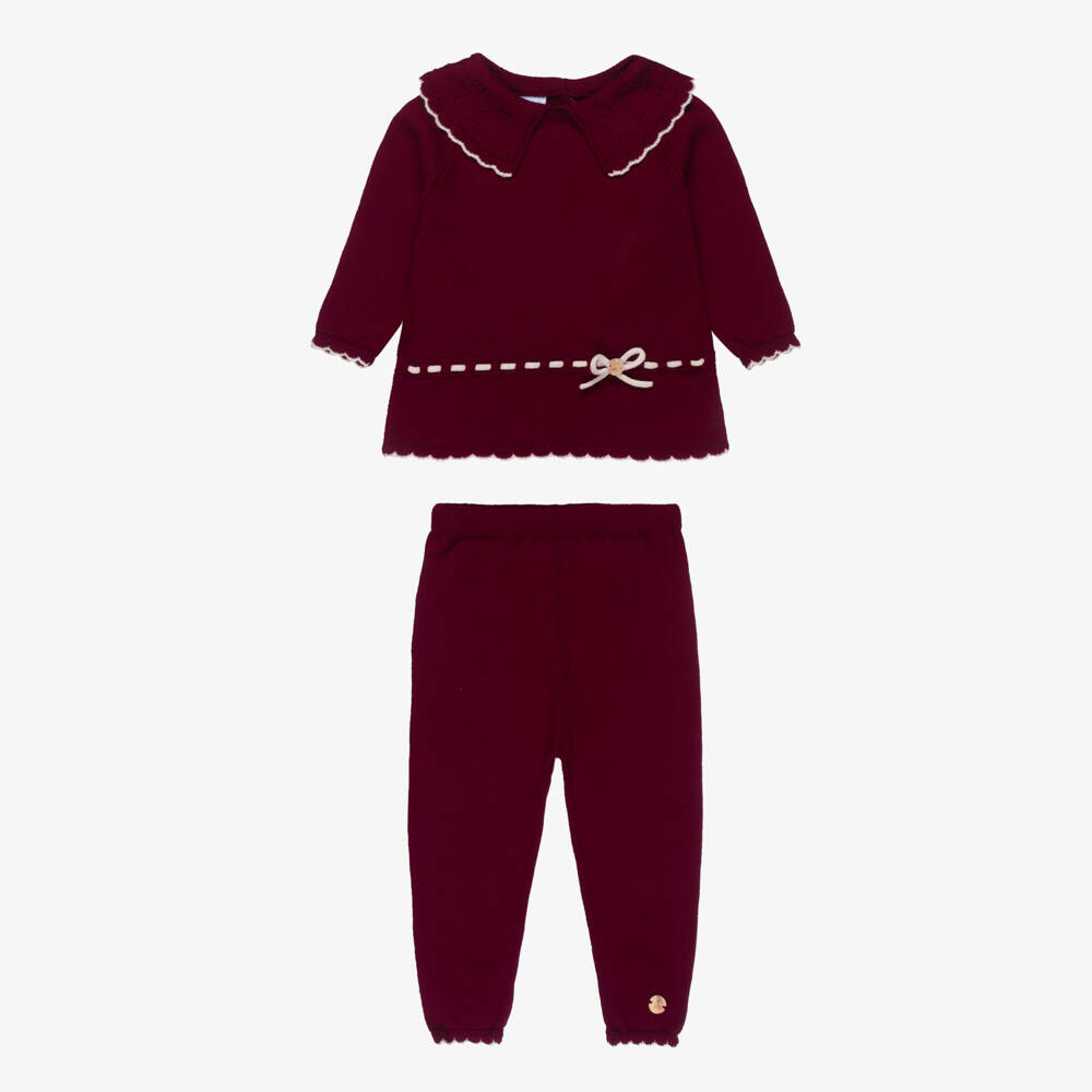Artesanía Granlei-Girls Burgundy Red Knit Trouser Set with Beige Trim | Childrensalon