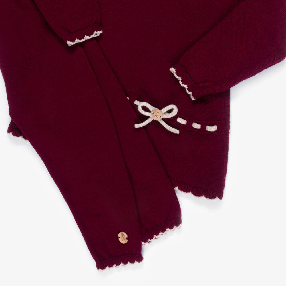 Artesanía Granlei-Girls Burgundy Red Knit Trouser Set with Beige Trim | Childrensalon
