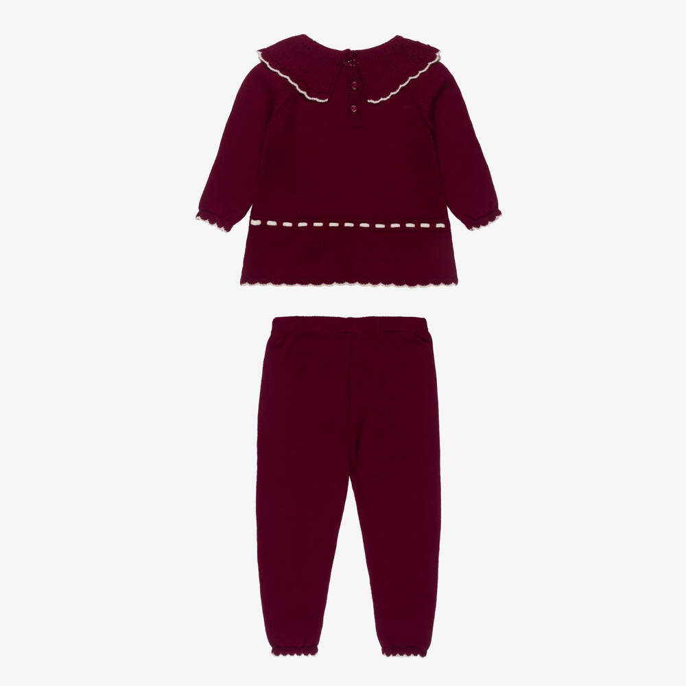 Artesanía Granlei-Girls Burgundy Red Knit Trouser Set with Beige Trim | Childrensalon