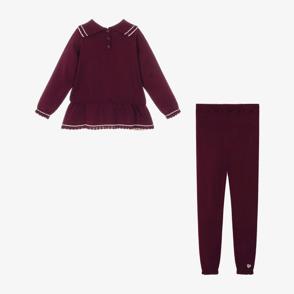 Artesanía Granlei-Girls Burgundy Red Knitted Leggings Set with Bows | Childrensalon