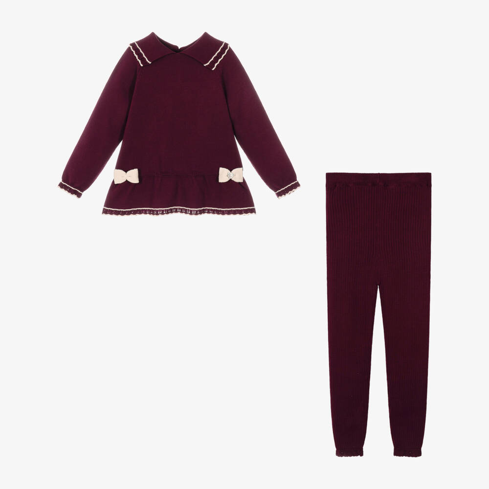 Artesanía Granlei-Girls Burgundy Red Knitted Leggings Set with Bows | Childrensalon