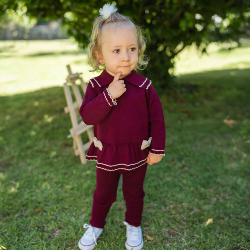 Artesanía Granlei-Girls Burgundy Red Knitted Leggings Set with Bows | Childrensalon