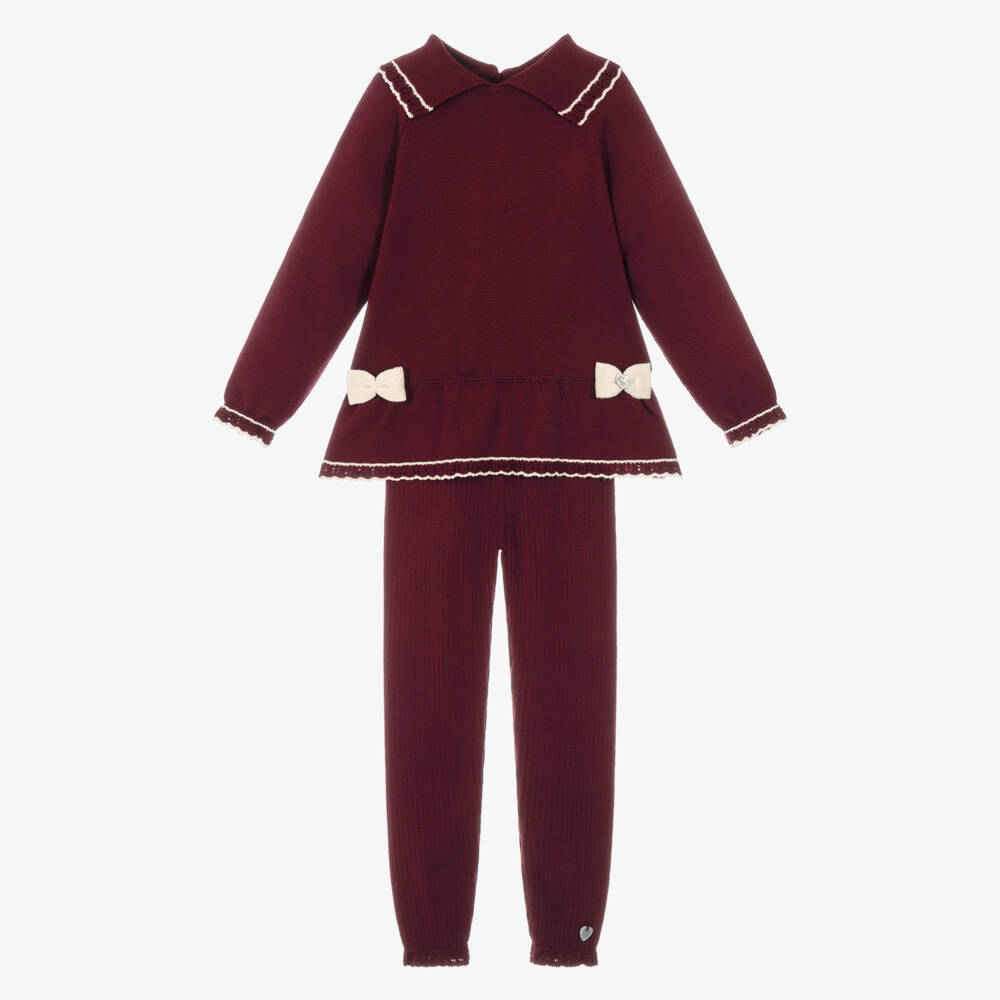 Artesanía Granlei-Girls Burgundy Red Knitted Leggings Set with Bows | Childrensalon