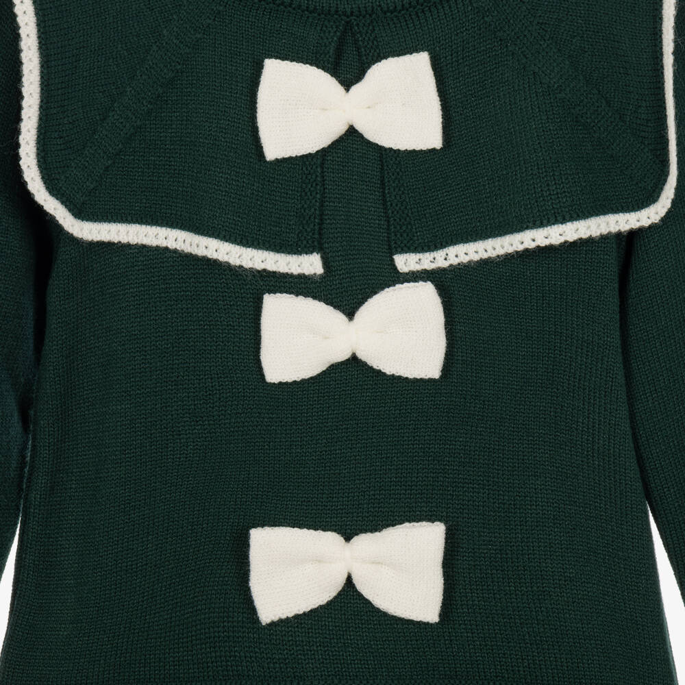 Artesanía Granlei-Girls Dark Green Knitted Dress with Sparkly White Bows | Childrensalon