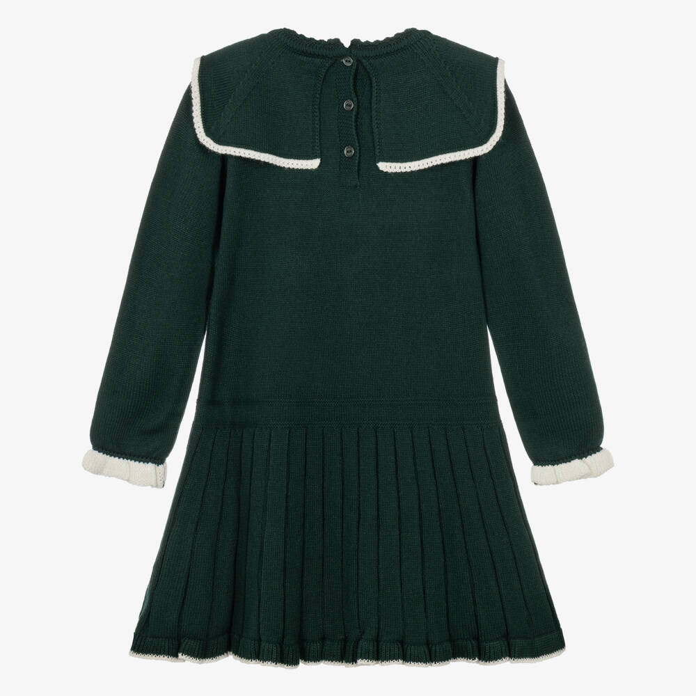 Artesanía Granlei-Girls Dark Green Knitted Dress with Sparkly White Bows | Childrensalon