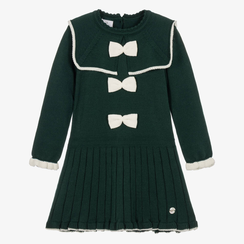 Artesanía Granlei-Girls Dark Green Knitted Dress with Sparkly White Bows | Childrensalon