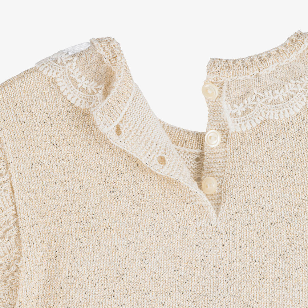 Artesanía Granlei-Платье бежевое с золотым блеском вязаное с кружевным воротником | Childrensalon