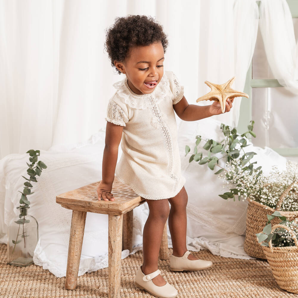 Artesanía Granlei-Girls Glittery Beige & Gold Knitted Dress with Lacy Collar | Childrensalon