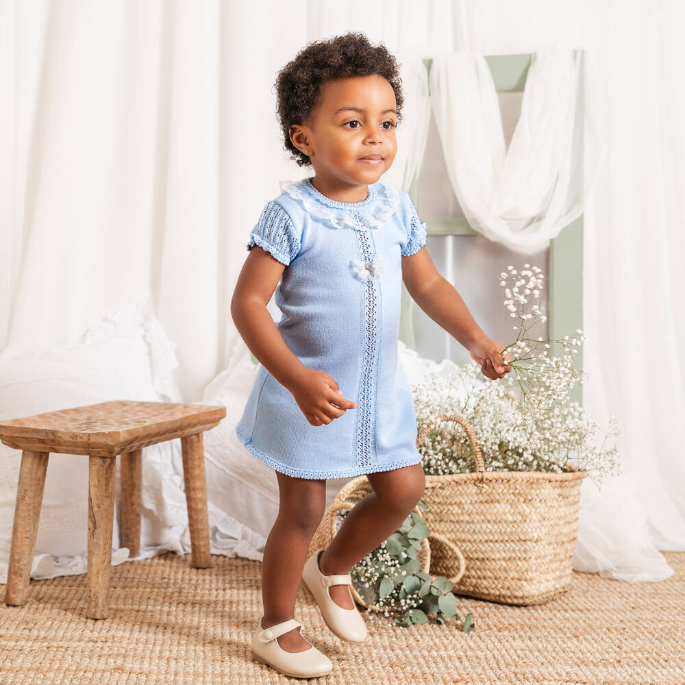 Artesanía Granlei-Girls Glittery Blue Knitted Dress with Lacy Collar | Childrensalon