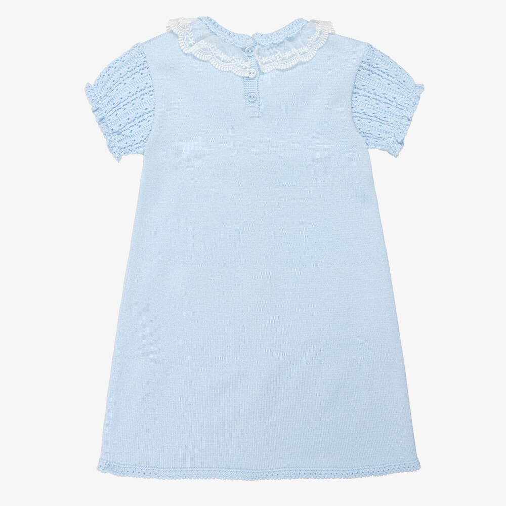 Artesanía Granlei-Платье блестящее голубое трикотажное с кружевным воротником | Childrensalon