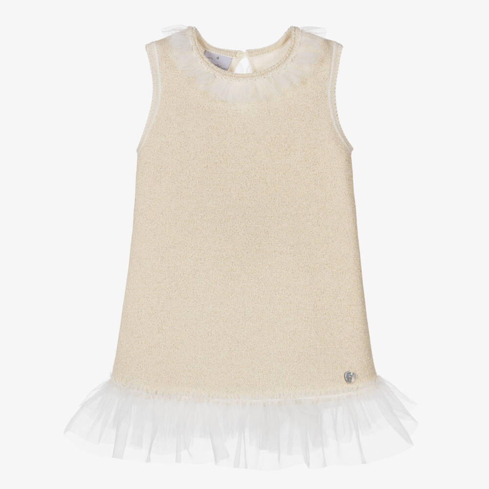 Artesanía Granlei-Girls Gold Lurex Knitted Dress with Tulle Trims | Childrensalon
