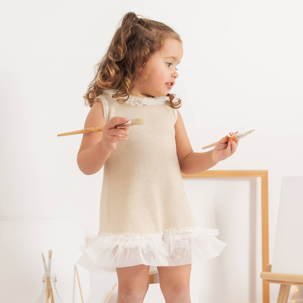 Artesanía Granlei-Girls Gold Lurex Knitted Dress with Tulle Trims | Childrensalon