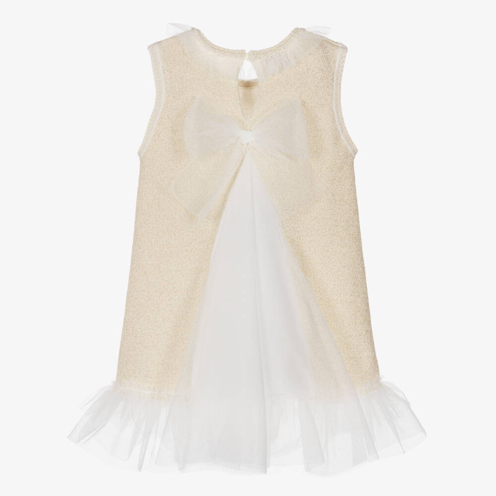 Artesanía Granlei-Girls Gold Lurex Knitted Dress with Tulle Trims | Childrensalon