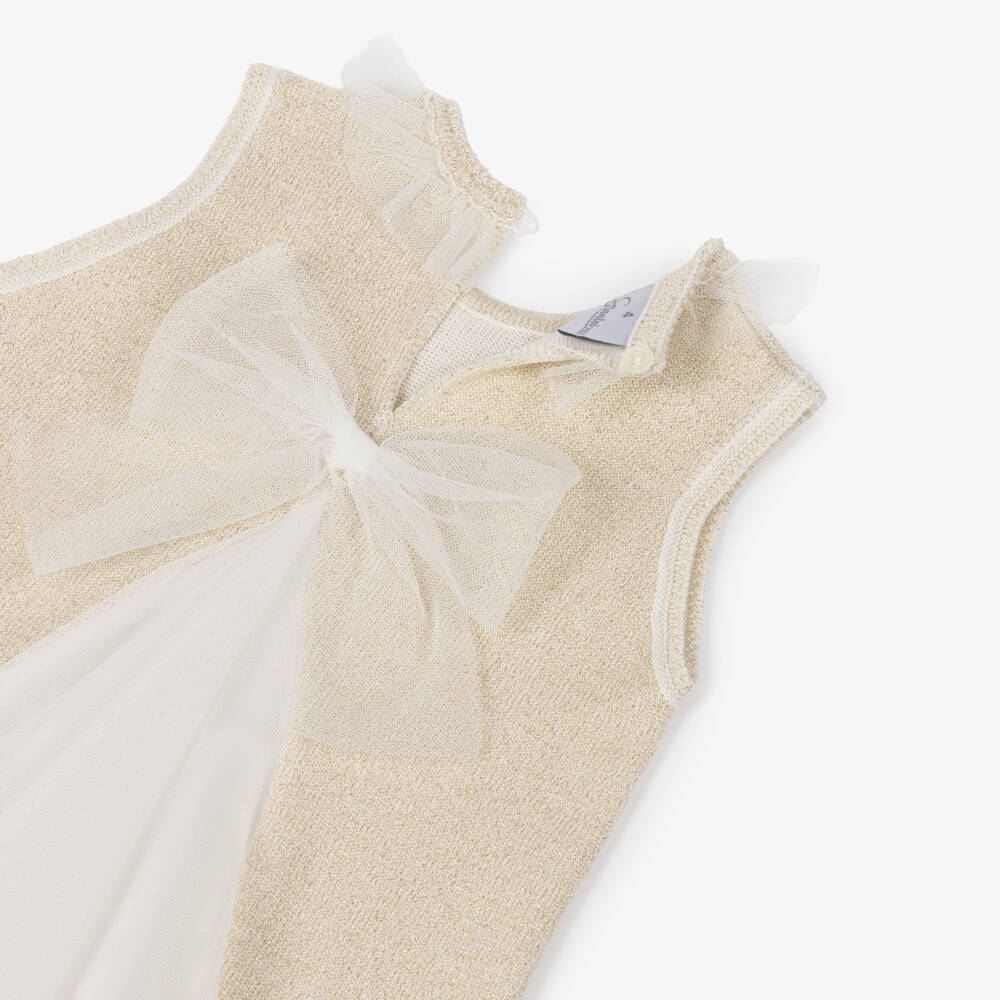 Artesanía Granlei-Girls Gold Lurex Knitted Dress with Tulle Trims | Childrensalon