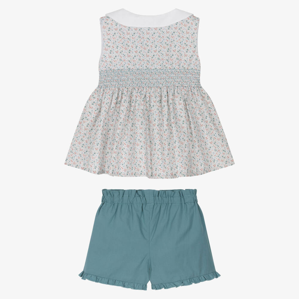 Artesanía Granlei-Girls Green Cotton Shorts Set with Shirred Floral Top | Childrensalon