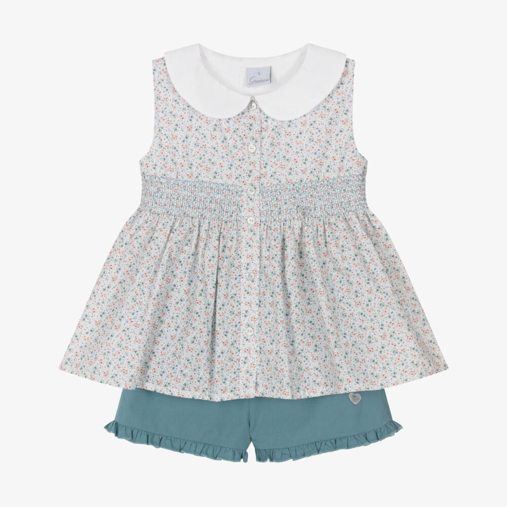 Artesanía Granlei-Girls Green Cotton Shorts Set with Shirred Floral Top | Childrensalon