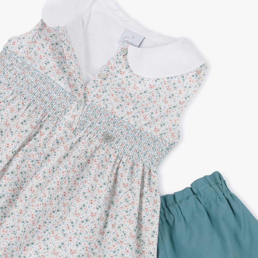 Artesanía Granlei-Girls Green Cotton Shorts Set with Shirred Floral Top | Childrensalon