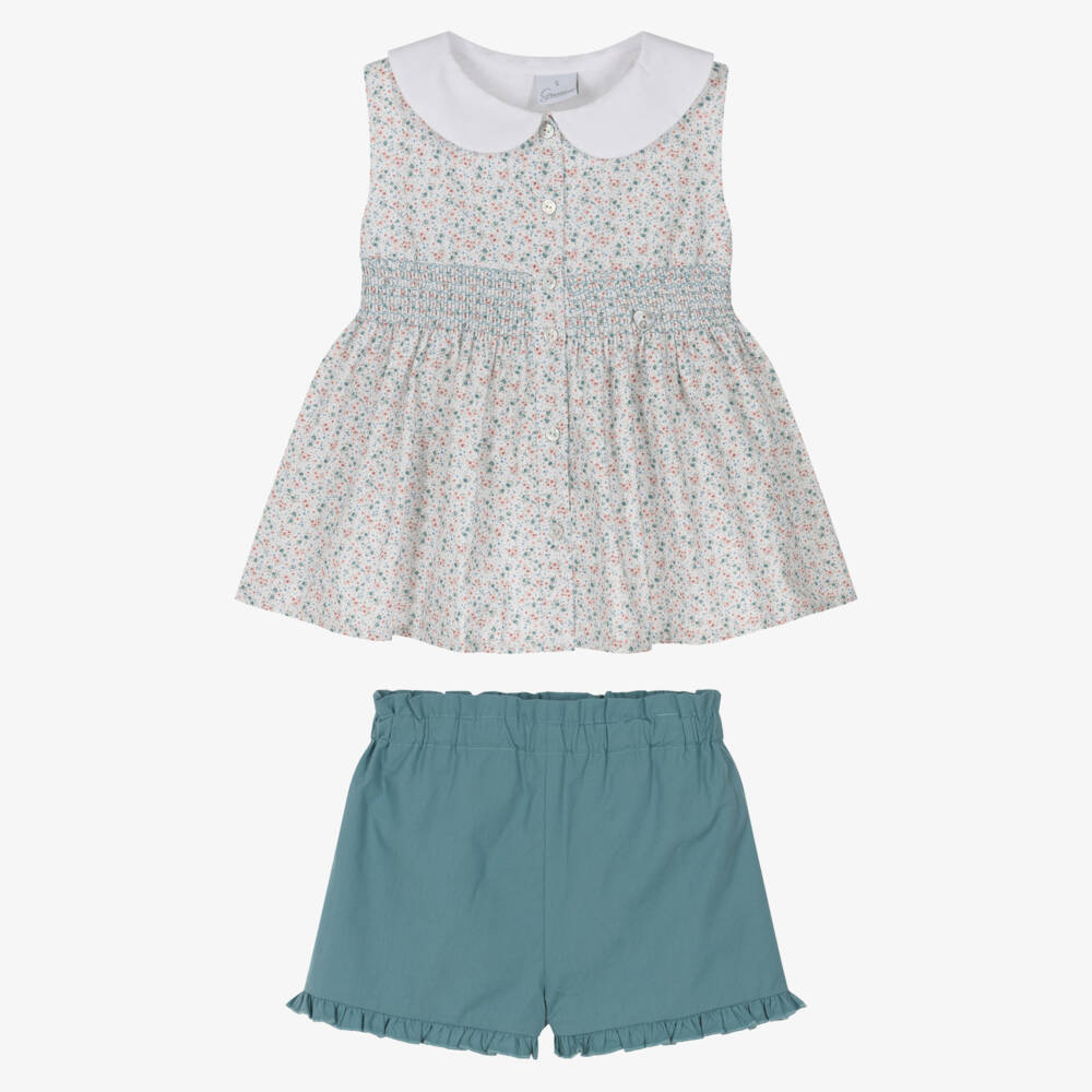Artesanía Granlei-Girls Green Cotton Shorts Set with Shirred Floral Top | Childrensalon