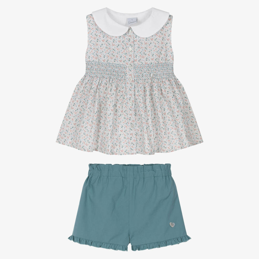 Artesanía Granlei-Girls Green Cotton Shorts Set with Shirred Floral Top | Childrensalon