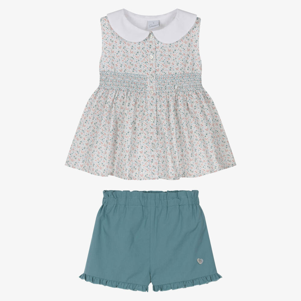 Artesanía Granlei-طقم شورت قطن لون أخضر للبنات | Childrensalon