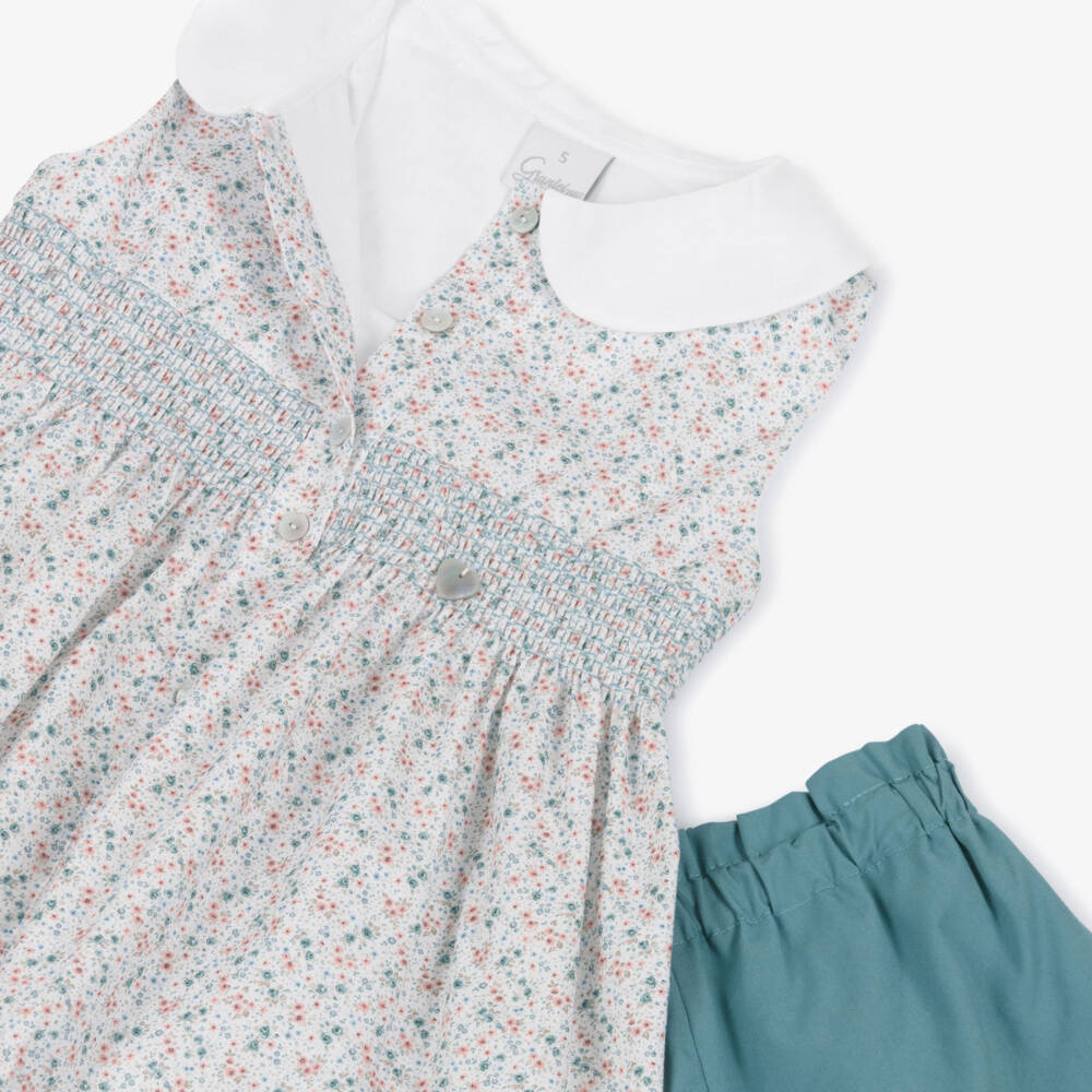 Artesanía Granlei-Girls Green Cotton Shorts Set with Shirred Floral Top | Childrensalon