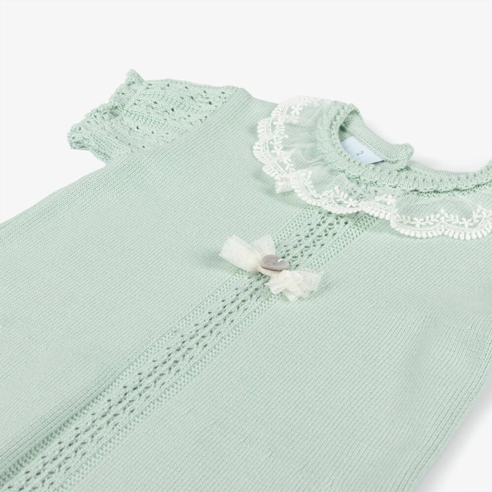Artesanía Granlei-Girls Green Knitted Dress with Lacy Collar | Childrensalon
