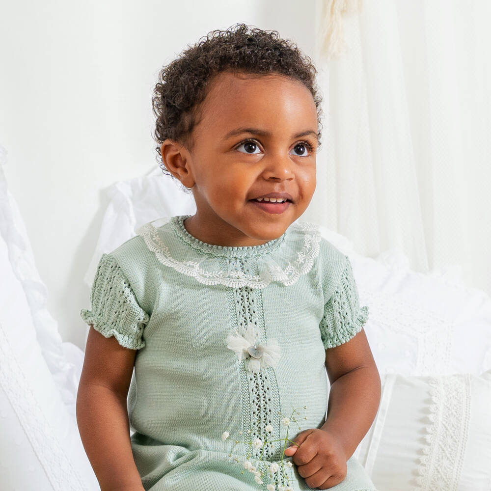 Artesanía Granlei-Girls Green Knitted Dress with Lacy Collar | Childrensalon