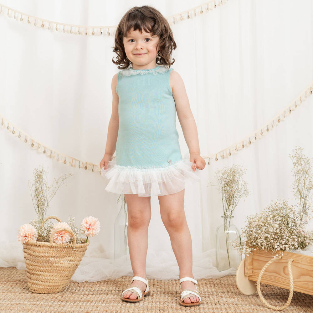 Artesanía Granlei-Girls Green Knitted Dress with Tulle Trims | Childrensalon
