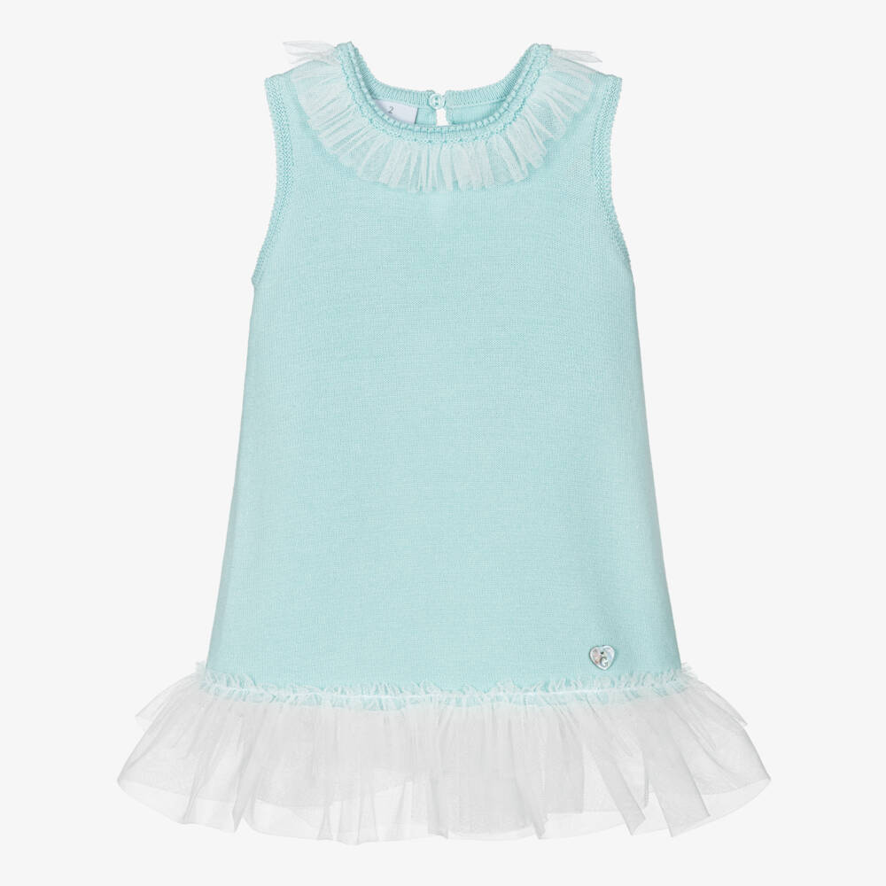 Artesanía Granlei-Girls Green Knitted Dress with Tulle Trims | Childrensalon