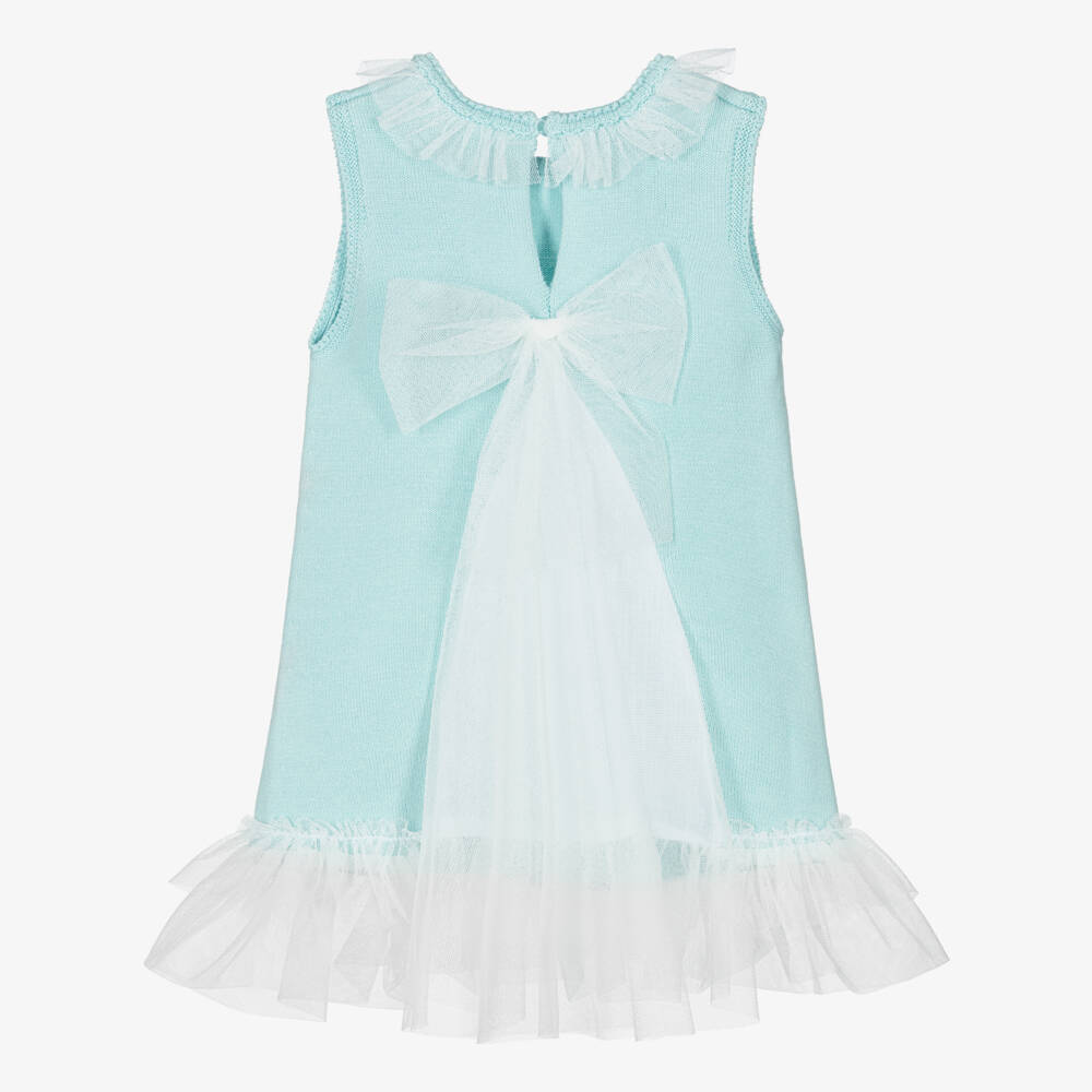 Artesanía Granlei-Girls Green Knitted Dress with Tulle Trims | Childrensalon