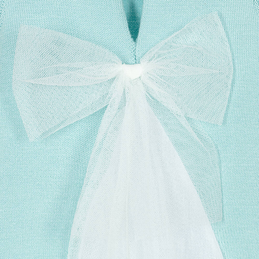 Artesanía Granlei-Girls Green Knitted Dress with Tulle Trims | Childrensalon