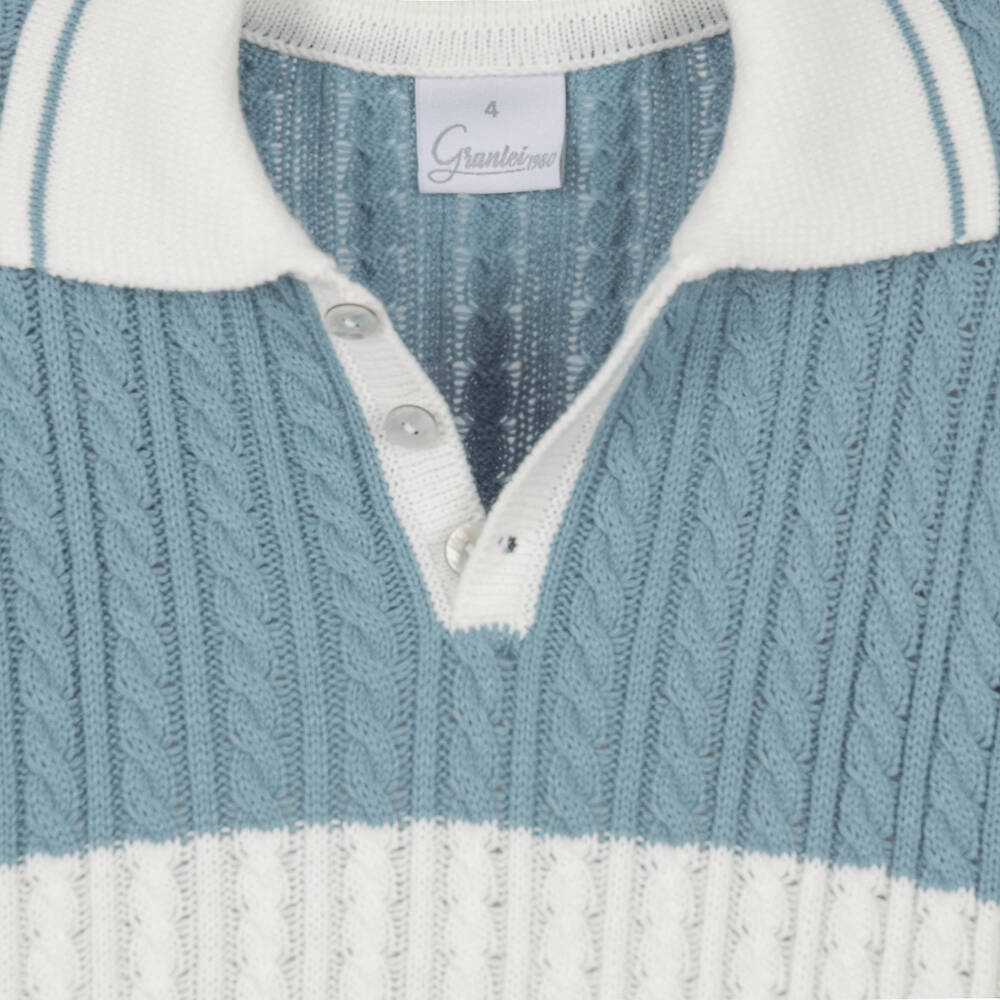 Artesanía Granlei-Girls Ivory & Blue Cable Knit Dress with Stripes | Childrensalon