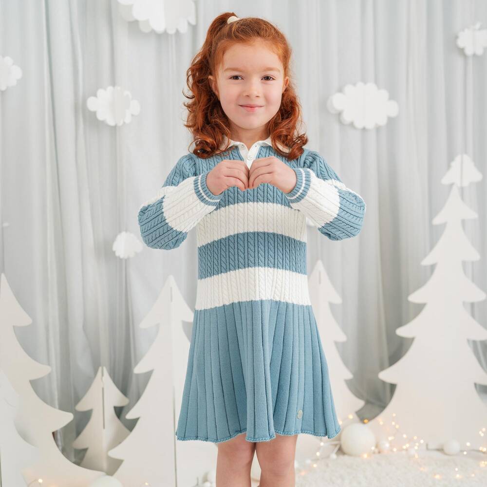 Artesanía Granlei-Girls Ivory & Blue Cable Knit Dress with Stripes | Childrensalon