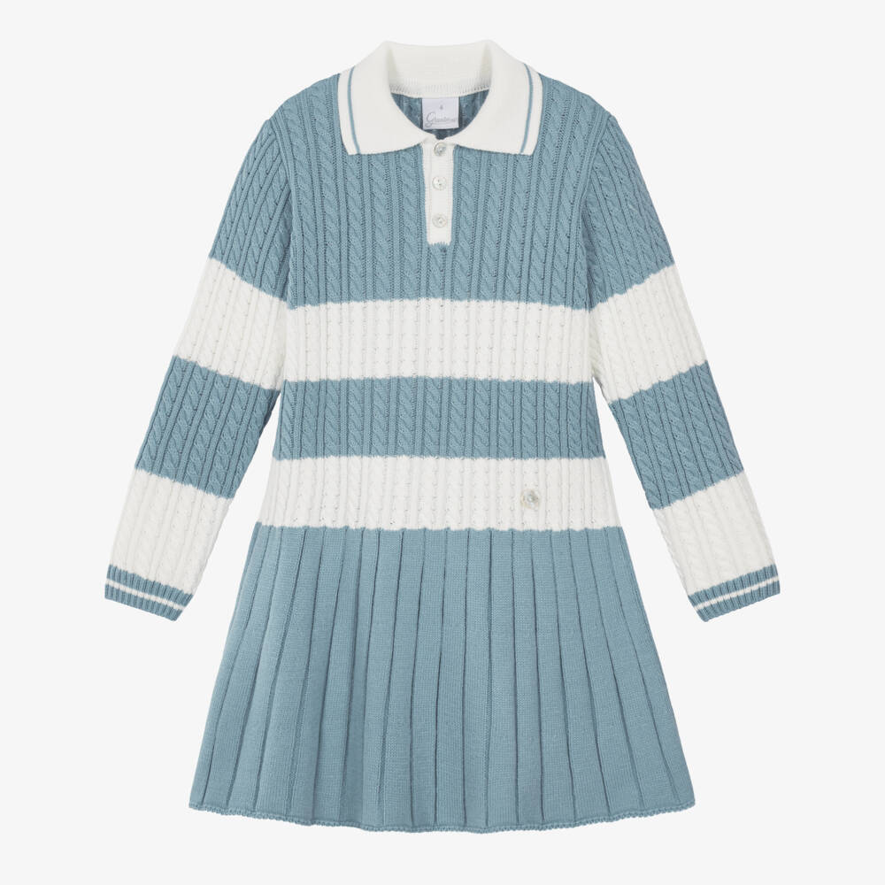 Artesanía Granlei-Girls Ivory & Blue Cable Knit Dress with Stripes | Childrensalon