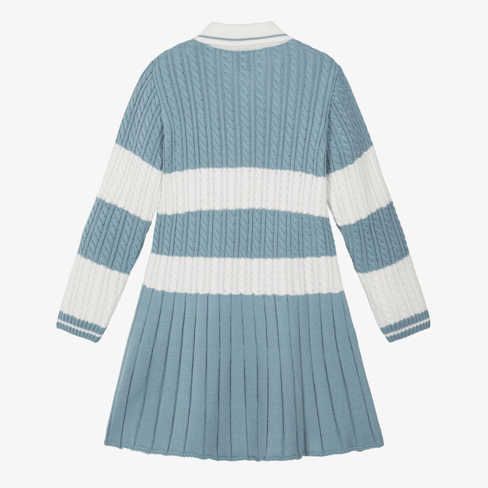 Artesanía Granlei-Girls Ivory & Blue Cable Knit Dress with Stripes | Childrensalon