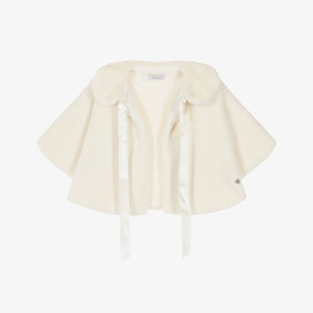 Artesanía Granlei-Girls Ivory Faux Fur Cape with Satin Tie | Childrensalon