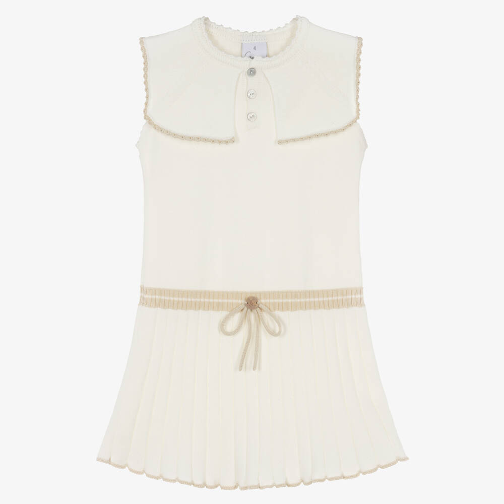 Artesanía Granlei-Girls Ivory Knit Dress with Sailor Style Collar | Childrensalon